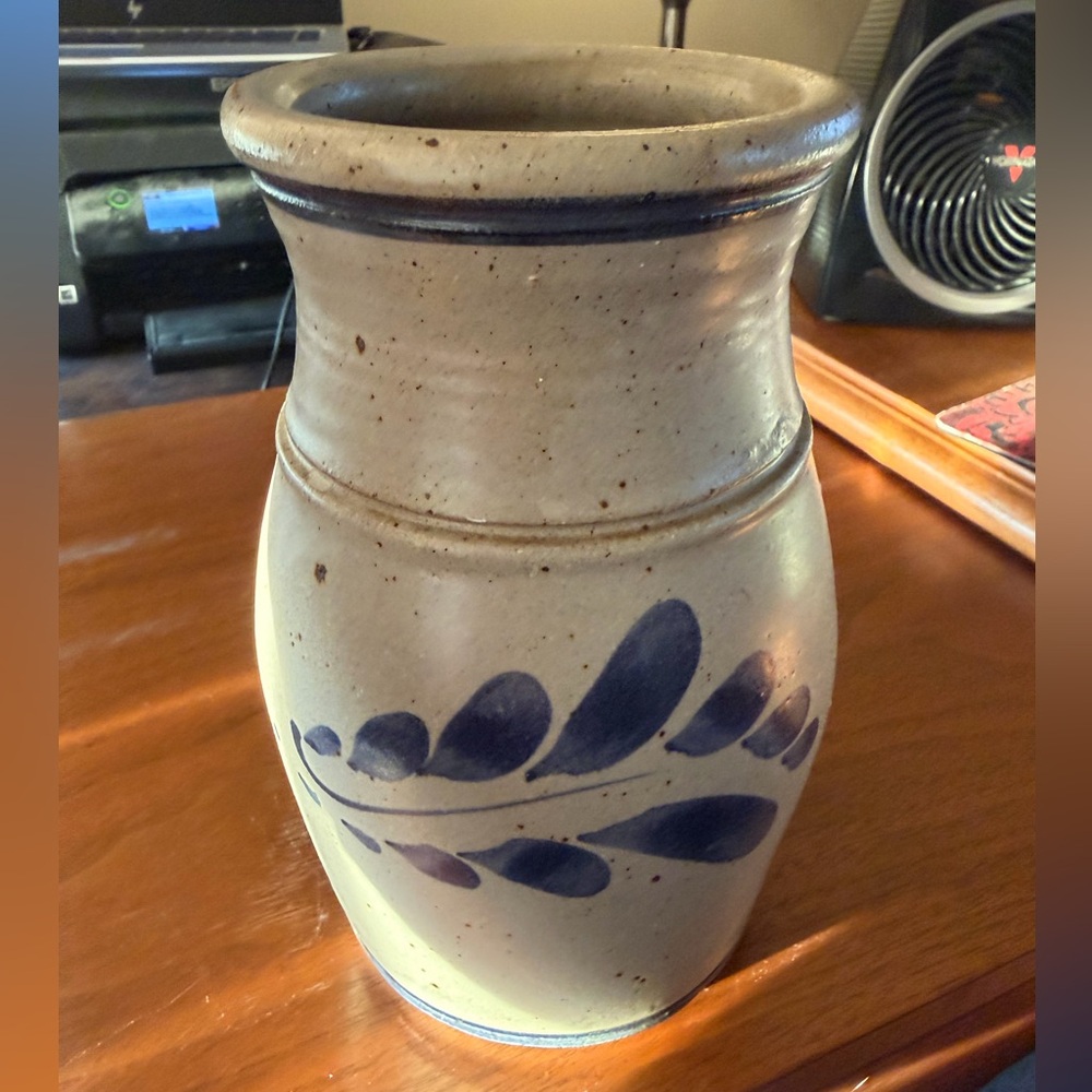 Handcrafted Ceramic Vase with Blue Leaf Design